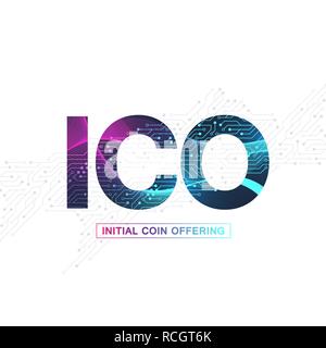 ICO Initial Coin Offering infographic web banner. Initial coin offering promo poster with world map. Cryptocurrency e-commerce texture conceptStartup, Blockchain diagram, vector illustration Stock Vector