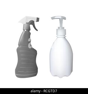 Plastic bottle with dispenser and spray. Vector illustration. Container for soap and cleaning products Stock Vector