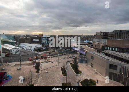 Ariel view from Westfield London Shopping Centre looking at pedestrian entrance, Television Centre and Wood Lane station,  White City, London Stock Photo