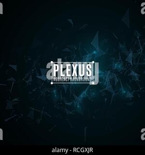 Plexus abstract background for your design. Modern futuristic geometry. Flying triangles in the dark. Glowing lights. Connected triangles. Science cov Stock Vector
