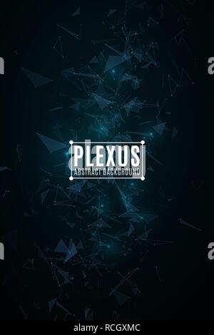 Plexus abstract background. Modern futuristic geometry. Flying triangles in the dark. Glowing lights. Connected triangles. Science poster. Vector illu Stock Vector