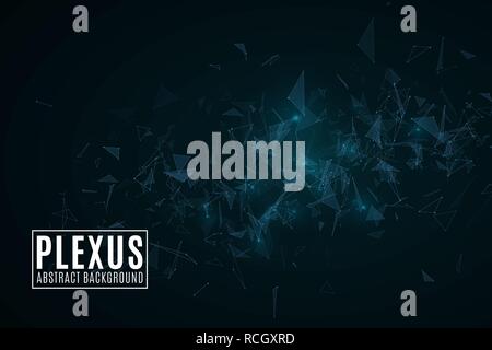 Plexus abstract background. Modern futuristic geometric design. Flying triangles in the dark. Glowing lights. Connected triangles. Science cover. Vect Stock Vector