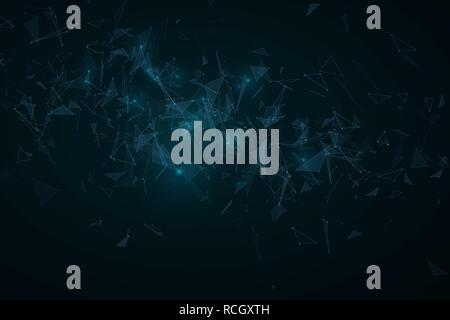 Plexus Abstract background. Modern futuristic geometric design. Flying blue triangles in the dark. Glowing lights. Glowing connected triangles. Vector Stock Vector