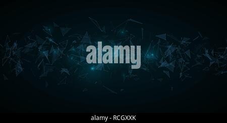 Plexus abstract background. Modern futuristic geometric design. Flying blue triangles in the dark. Glowing lights. Connected triangles. Vector illustr Stock Vector
