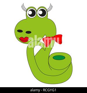 Cute cartoon snake green with painted lips and a red bow. Stock Vector