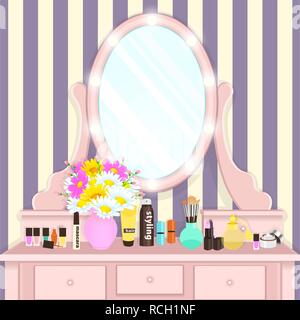 Dressing table with mirror with lights, female boudoir for applying makeup, flat drawing, vector illustration. Pink table and mirror with light bulbs  Stock Vector
