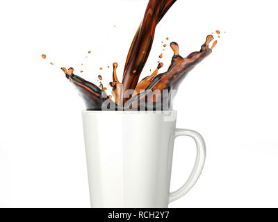 Pouring coffee into a white mug. Side close up view. Isolated On white background. Stock Photo