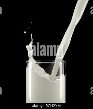 Pouring milk into a glass with small splash. isolated on black background. Close up view. Stock Photo