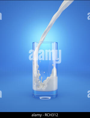 Glass of fresh milk with pouring and splash. Isolated On blue background. Clipping path included. Stock Photo