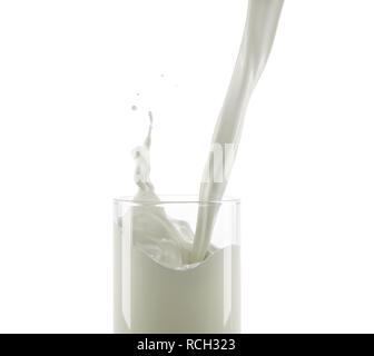 Milk pouring into a glass with little splash. Close up side view. On white background. Clipping path included. Stock Photo