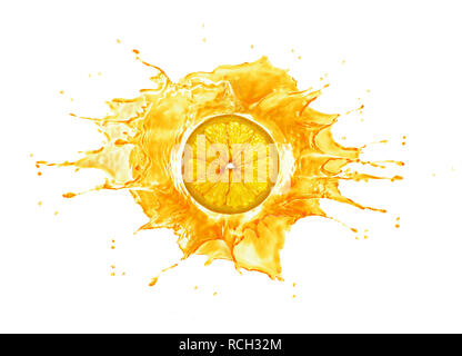 Big splash with orange slice in the middle. Back lit, Isolated on white background. Stock Photo