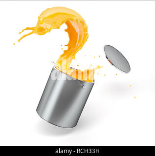 Metallic silver bucket full of paint, jumping with vibrant warm yellow paint splashing out of it with flying lid. Isolated on white background Stock Photo