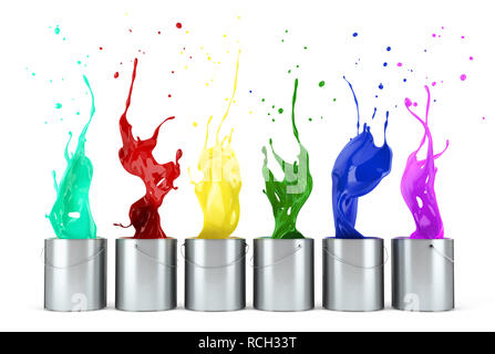 turquoise, red, yellow, green, blue, pink paints splashing out from metallic silver buckets in line. On white background. Stock Photo