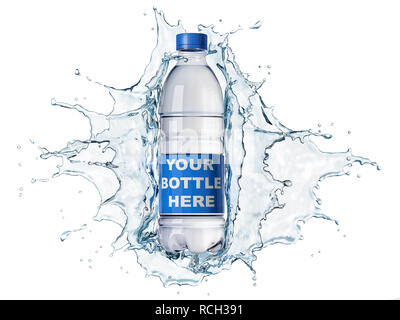 Splash of clear water with pet water bottle in the middle. isolated on white background. The bottle can be clipped and replaced with your bottle. Clip Stock Photo
