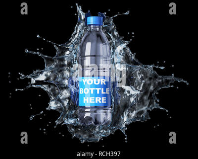 Splash of clear water with pet water bottle in the middle. isolated on black background. The bottle can be clipped and replaced with your bottle. Clip Stock Photo