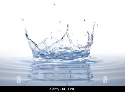 Water crown splash in a water pool, with circular ripples around. Isolated on white background. Stock Photo
