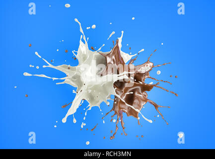 Milk and chocolate , or paint splashing against each other in the air. On blue background. Stock Photo