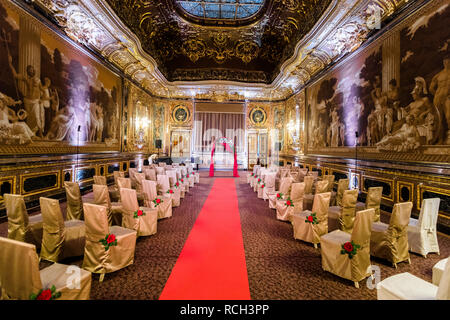 Photo of the beautiful hall of the palace decorated for the wedding ceremony. Stock Photo