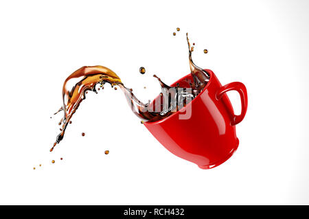 Red cup mug jumping with coffee splash. Isolated on white background. Clipping path included. Stock Photo