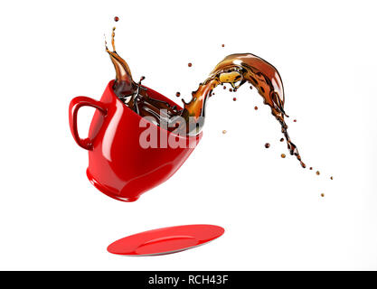 Red cup mug and saucer jumping with coffee splash. Isolated on white background. Clipping path included. Stock Photo