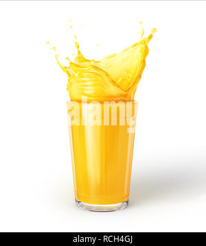 Glass of orange juice with splash, isolated on white background. Side view. Stock Photo