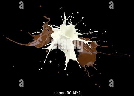 Milk and chocolate , or paint splashing against each other in the air. On black background. Stock Photo