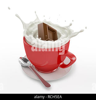 Red cup full of milk with cocolate cube splashing. With saucer and spoon. On white background. Stock Photo