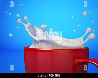 Red cup/mug with milk splash. On blue background. Close up view. Clipping path included. Stock Photo