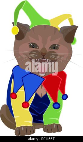 Cute funny kitten in April Fools Day hat, Joker vector flat illustration Stock Vector