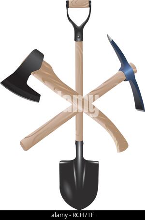 Pickaxe, shovel and ax. Tools digger or miner with wooden handle on white background. Stock Vector