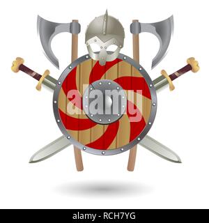 Set Viking equipment: shield, sword, ax and helmet, executed in the form of the emblem. Stock Vector