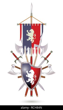 Coat of Arms to fantasy style on a white background. Shield, sword, ax, standard with lion. Stock Vector