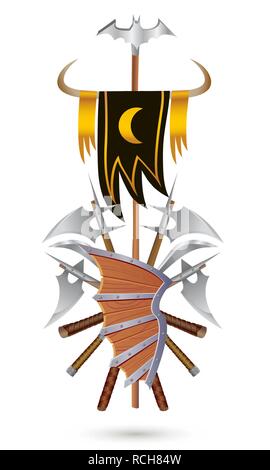 Coat of Arms to fantasy style on a white background. Shield, sword, ax, standard with moon and bat. Stock Vector