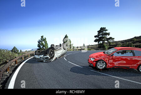 Two cars accident. Crashed cars on a road in the country side location. A red sedan against a silver car upside down. Strong collision with big damage Stock Photo