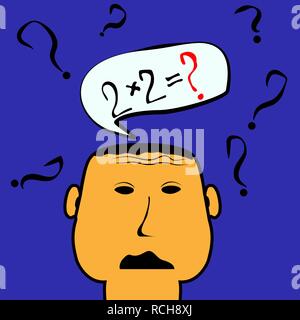 Conceptual image on the topic of education. The young man can not solve the elementary equation Stock Vector