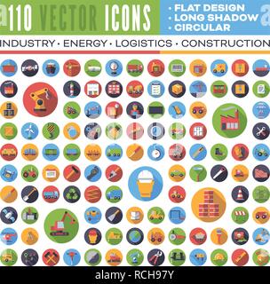 Set of 110 flat design long shadow round vector icons for web, print, apps, interface design: industry, energy, construction, logistics and transport Stock Vector