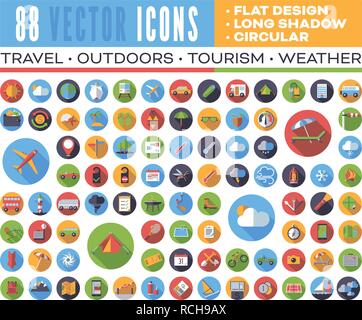 Set of 88 flat design long shadow round vector icons for web, print, apps, interface design: travel, outdoors, tourism, weather. Stock Vector