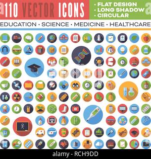 Set of 110 flat design long shadow round vector icons for web, print, apps, interface design: education, science, medicine, health care Stock Vector