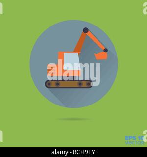 Excavator flat design long shadow vector icon Stock Vector