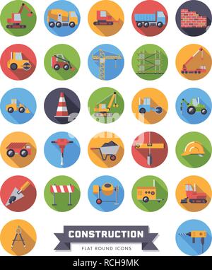 Flat design long shadow round construction industry and tools vector icons set Stock Vector