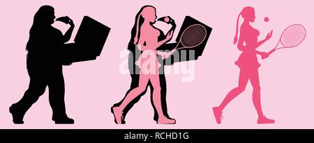 Fat and slim woman silhouette by eating pizza and playing tennis. All the objects are in different layers. Stock Vector