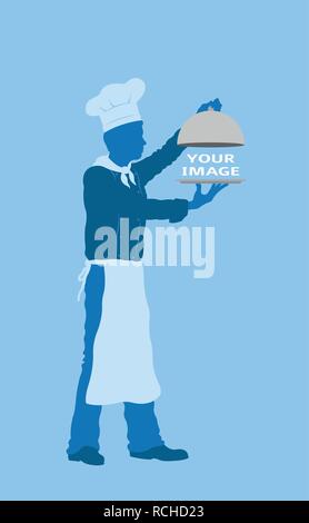 Serving plate with chef silhouette. All the objects are in different layers and the text types do not need any font. Stock Vector