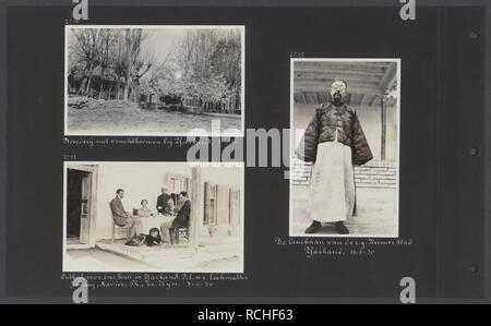 Albumblad met drie foto's. Linksboven boerderij met vruchtbomen bij Yarkand li, Bestanddeelnr 33 90. Stock Photo