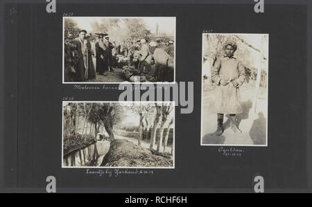 Albumblad met drie foto's. Linksboven de meloenenmarkt in Yarkand linksonder , Bestanddeelnr 33 065. Stock Photo