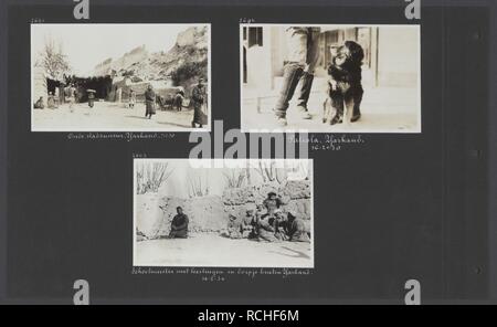 Albumblad met drie foto's. Linksboven de oude stadsmuur van Yarkand rechtsbove, Bestanddeelnr 33 84. Stock Photo