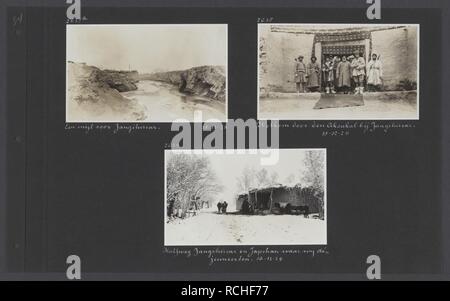 Albumblad met drie foto's. Linksboven een rivier voor Jangihissar rechtsboven, Bestanddeelnr 33 069. Stock Photo