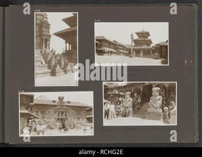 Albumblad met vier foto's. Linksboven tempeltrap met beelden. Linksonder tempe, Bestanddeelnr 37 025. Stock Photo