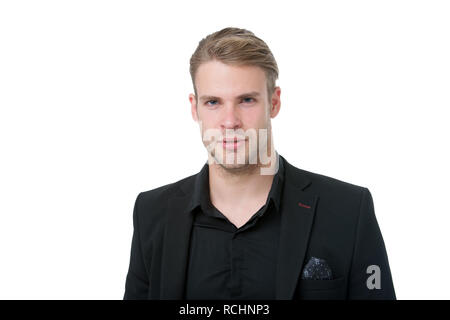 Elegance in simplicity. Rules for wearing all black clothing. Black fashion trend. Man elegant manager wear black formal outfit on white background. Reasons black is the only color worth wearing. Stock Photo