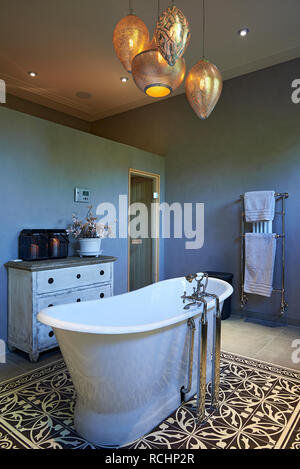 Amazing free standing bathtub in a designer bathroom, classic designed luxurious with modern lighting Stock Photo