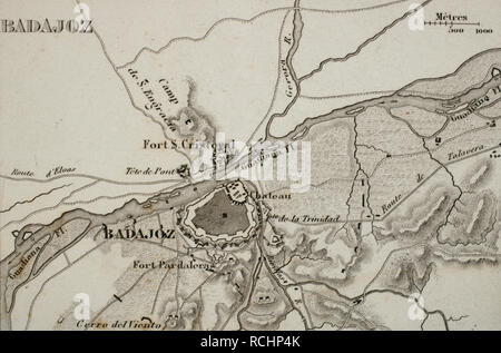 Napoleonic map. City of Badajoz, Extremadura, Spain. Peninsular War. Badajoz was sieged four times between 1811 and 1812 (Napoleonic Wars). Atlas de l'Histoire du Consulat et de l'Empire History of the Consulate and the Empire of France under Napoleon by Marie Joseph Louis Adolphe Thiers (1797-1877). Drawings by Dufour, engravings by Dyonnet. Edited in Paris, 1864. Stock Photo